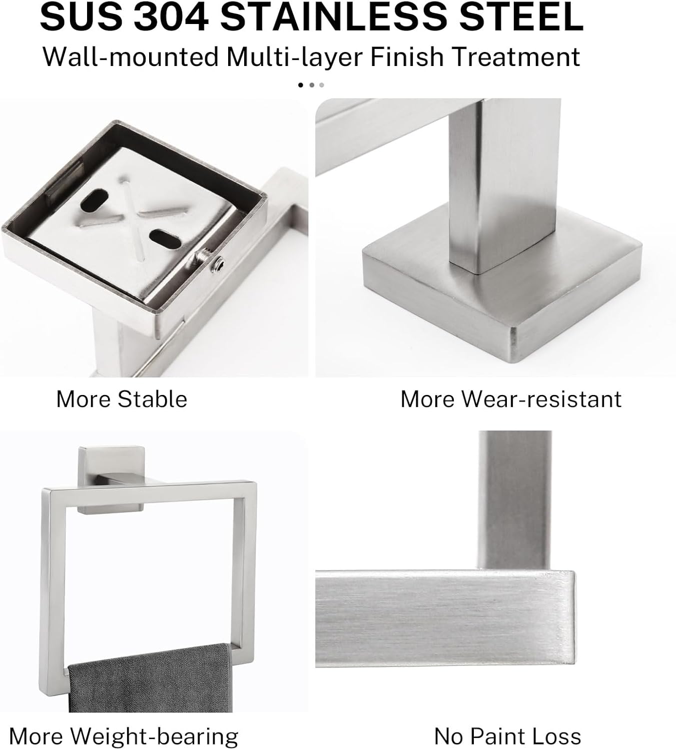 2-Piece Brushed Nickel Square Towel Ring,Modern Hand Towel Holder for Bathroom,SUS304 Stainless Steel Towel Hangers Wall-Mounted