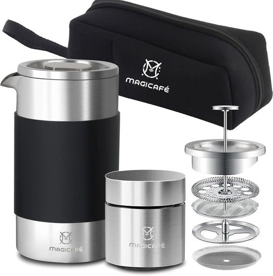 French Press Coffee Maker Set, Portable French Press with Mini Coffee Canister and Collection Bag, Single Serve 1 Cup Small Stainless Steel Double Walled Coffee Press 350ml/12oz