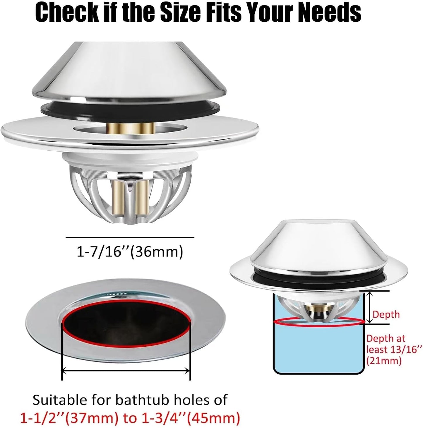 Bathtub Drain Stopper,Pop Up Tub Stopper Bottom with Drain Hair Catcher,Bathtub Plug and Cover with Strainer,Universal for 1.45 to 1.8in Drain Hole,Replaces Lift & Turn, Tip-Toe or Trip Lever