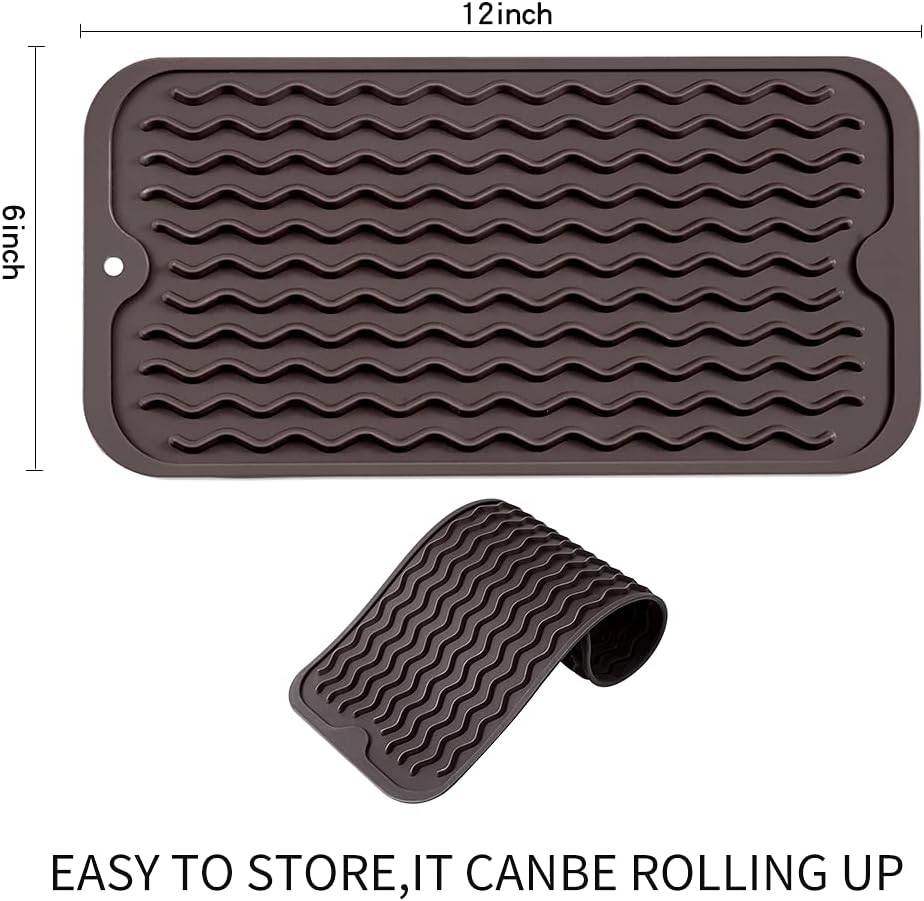 Silicone Dish Drying Mat for Multiple Usage,Easy clean,Eco-friendly,Heat-resistant Silicone Mat for Kitchen Counter or Sink,Refrigerator or Drawer Liner Coffee S 12 inches x 6 inches