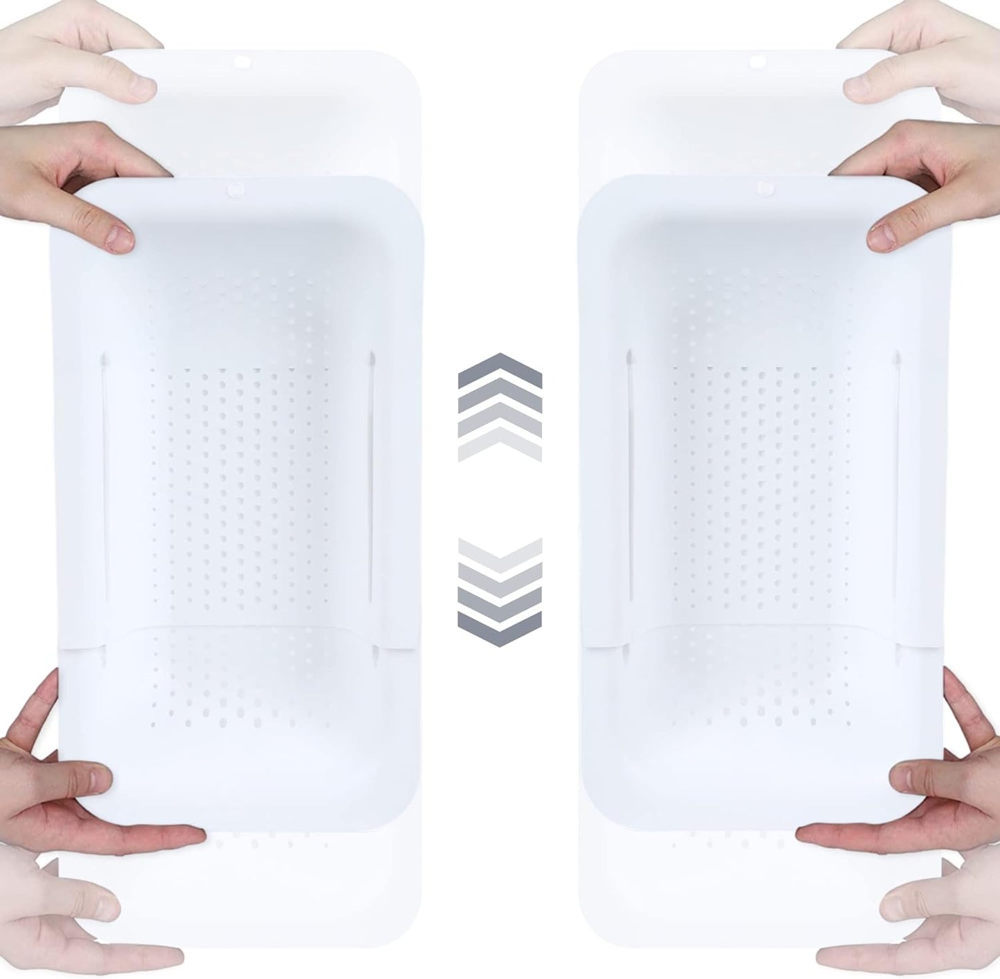 BLUE GINKGO Sink Colander Baskets - (Pack of 2) Wash Vegetables and Fruits, Drain Cooked Pasta and Dry Dishes - Extendable - New Home Kitchen Essentials (2 White)