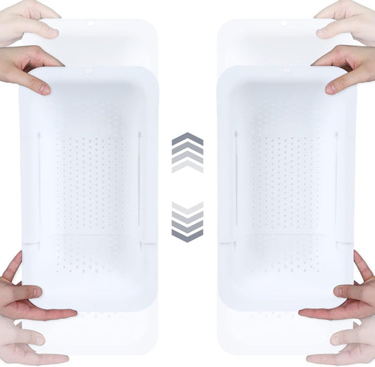 BLUE GINKGO Sink Colander Baskets - (Pack of 2) Wash Vegetables and Fruits, Drain Cooked Pasta and Dry Dishes - Extendable - New Home Kitchen Essentials (2 White)