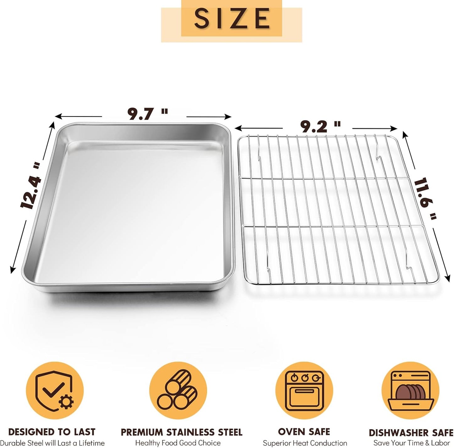 Stainless Steel Baking Sheet with Rack Set, E-far 12.4”x9.7” Cookie Sheet Broiling Pan for Oven, Rimmed Metal Tray with Wire Rack for Cooking/Baking/Cooling/Bacon, Non-toxic & Dishwasher Safe
