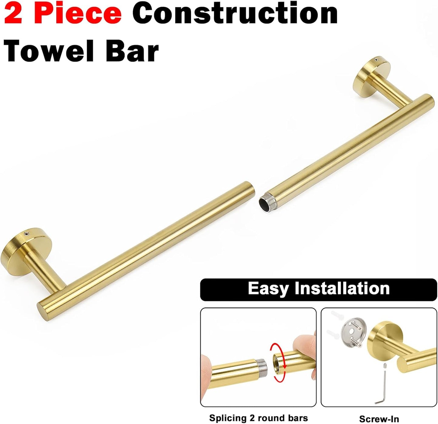 NearMoon Bath Towel Bar, Bath Accessories Thicken Stainless Steel Shower Towel Rack for Bathroom, Towel Holder Wall Mounted (1 Pack, Brushed Gold, 24 Inch)