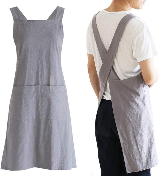 NEWGEM Japanese Linen Cross Back Cooking Aprons for Women Men with Pockets Cute for Baking Kitchen