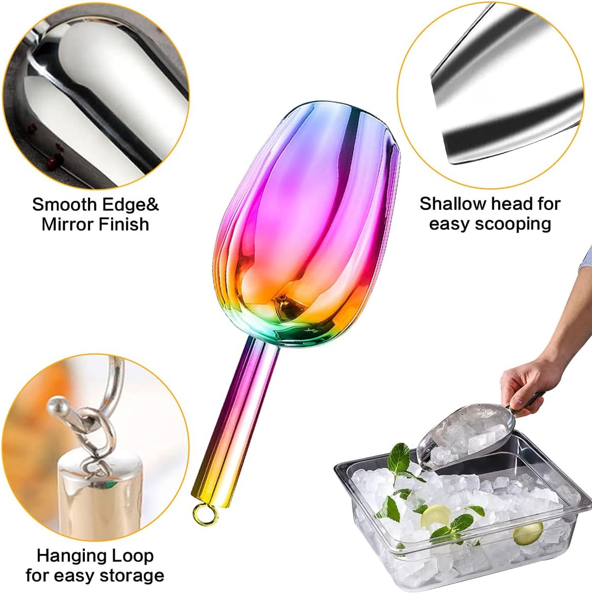 Metal Ice Scoop，Kitchen Ice Scooper for Ice Maker,Stainless Steel Small Ice Scooper for Freezer，Kitchen Gadgets Cookie Flour Pet Dog Food Scoop (Rainbow, 3oz)