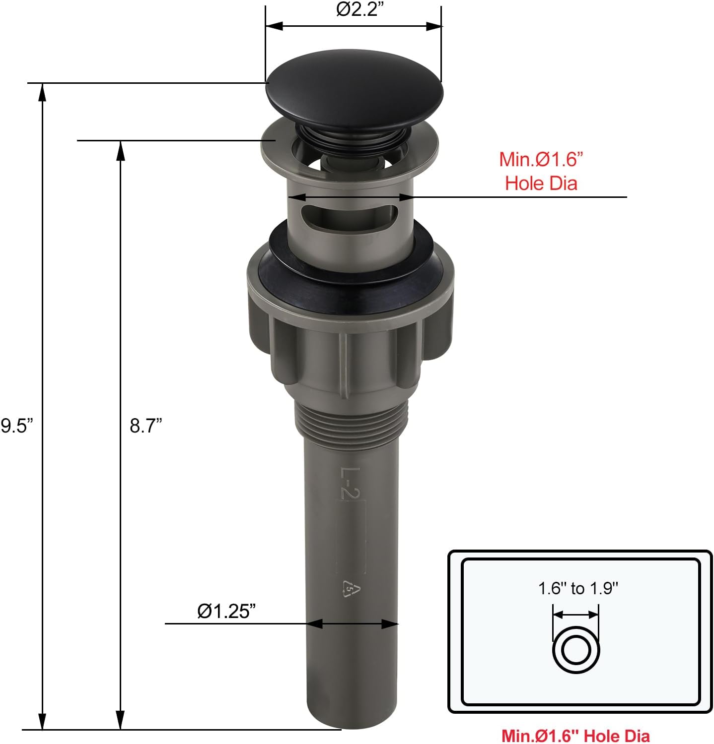 ARCORA Bathroom Sink Drain Matte Black Pop Up Drain with Overflow Vanity Vessel Sink Clicker Drain Stopper