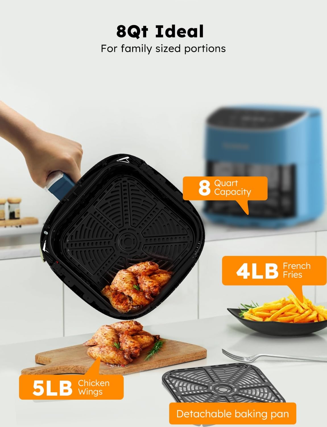 Nuwave Brio Plus 8 Qt Air Fryer, PFAS Free, New & Improved, Digital Touch Screen, Cool White Display, 50°F~400°F in Precise 5°, 5 Cook Functions, 100 Presets & 50 Memory, 3 Wattages 700, 1500, 1800