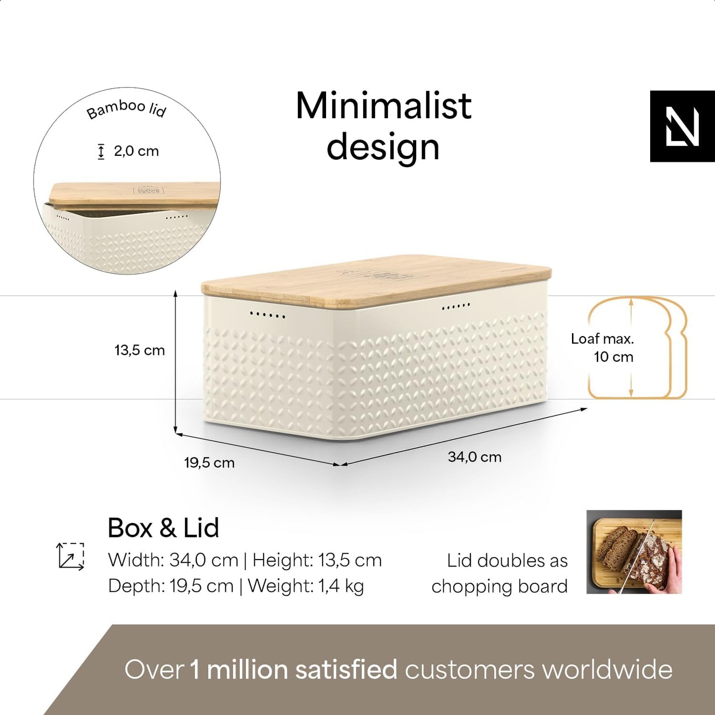 LARS NYSØM Bread Box I Metal Box with linen bag for long lasting freshness I Bread Bin with bamboo lid usable as cutting board I 13.4x7.3x5.3In (Almond Beige)