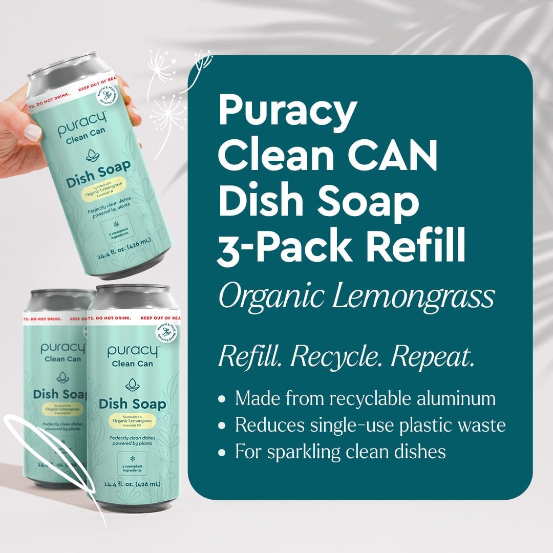 Puracy Natural Dish Soap Clean Can Refill Packs- Plant-Based Dishwashing Soap, Non-Toxic Dish Soap, Natural Liquid Dishwashing Detergent Soap As Seen on TikTok (Organic Lemongrass, 14.4 fl oz, 3 Pack)