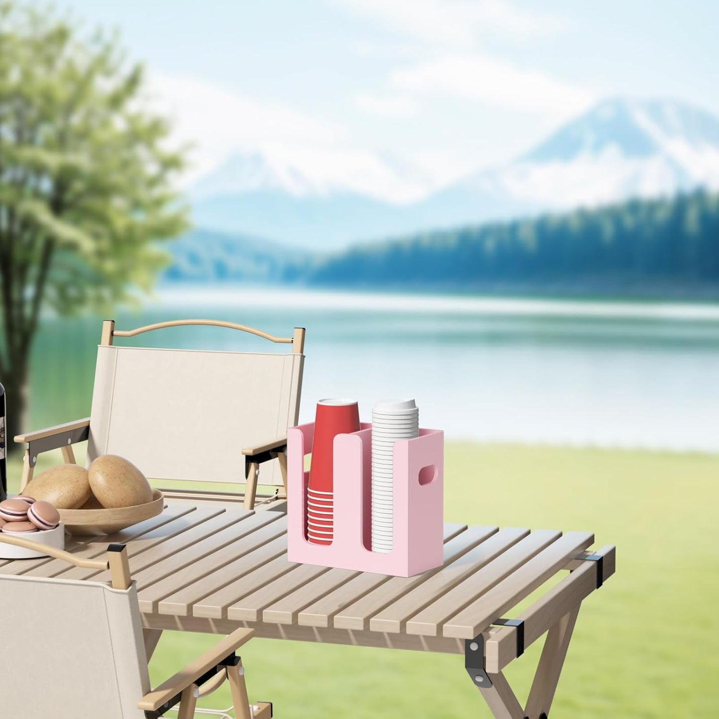 WINFFOR Disposable Cup Organizer Dispenser - 2 Compartments Lightpink Acrylic Cup and Lid Holder with Handles Plastic Cup Dispenser Countertop Paper Cup Holder for Coffee Bar House Party Essentials