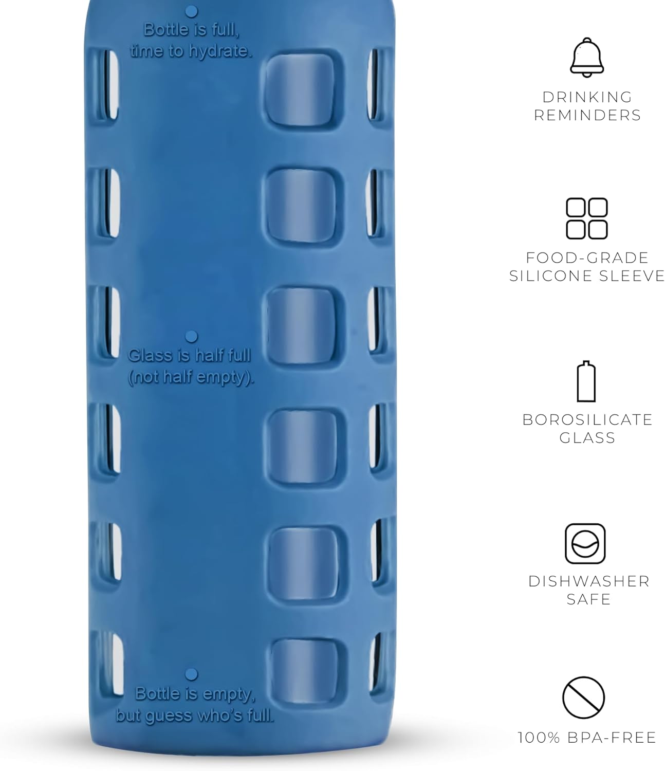 purifyou 40oz / 32oz / 22oz / 12oz Borosilicate Glass Water Bottle with Time & Volume Markers, Silicone Sleeve, Stainless Steel Lid – Reusable Glass Bottle for Water & Juice (12oz Chinese Porcelain)