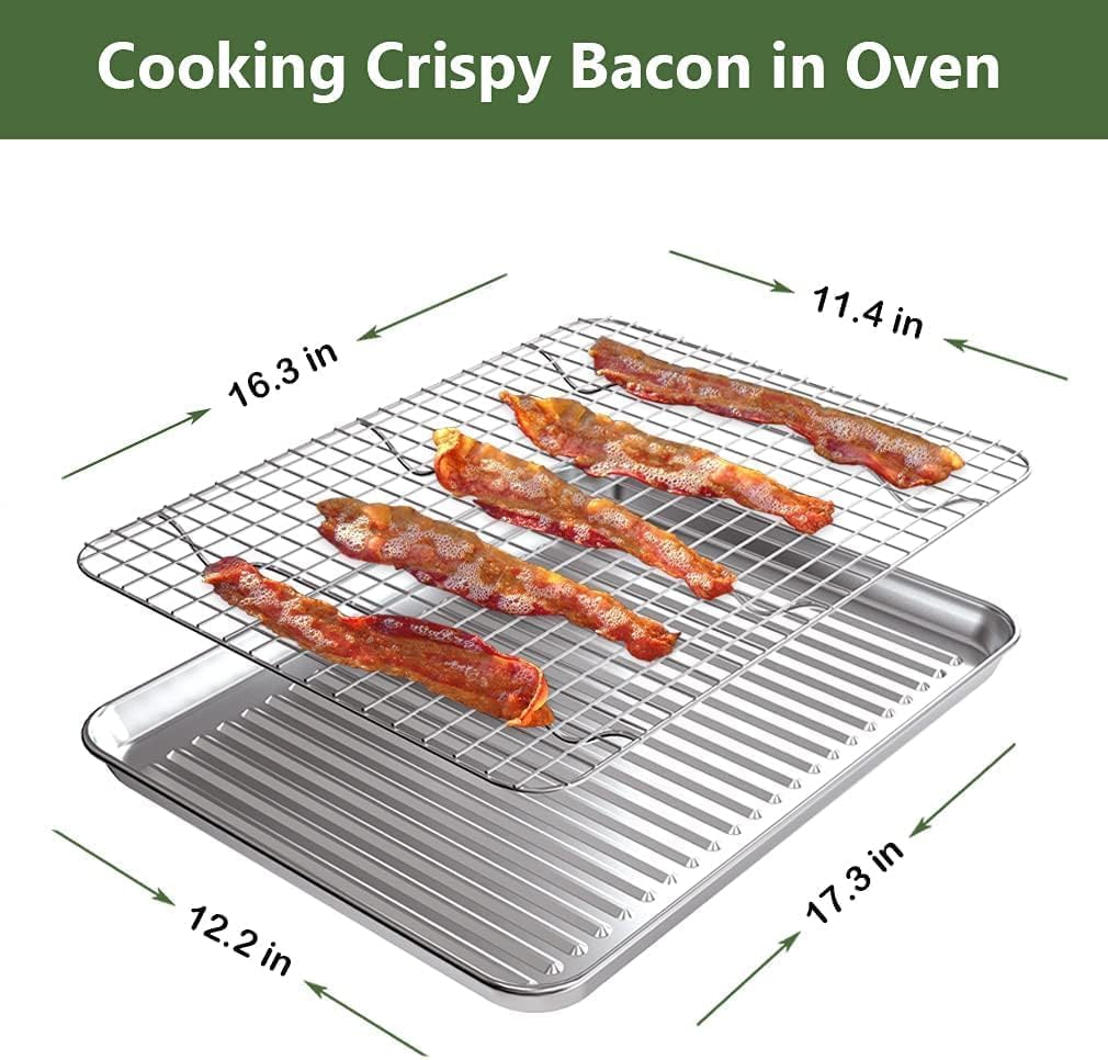 ROTTAY Baking Sheet, Half Sheet Pan with Cooling Rack Set [2 Pans + 2 Racks], Stainless Steel Baking Pan for Oven, Warp Resistant & Heavy Duty & Rust Free, Size 18 x 12 x 1 Inches