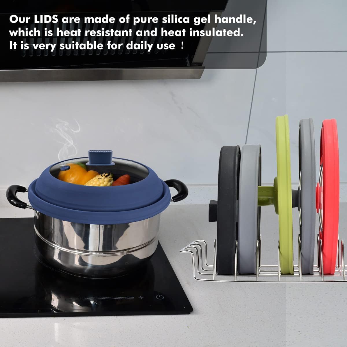 Microwave Splatter Cover Glass Guard Lid with Collapsible Silicone for Food Pot Plate Cover 9.8 inch Dark Blue