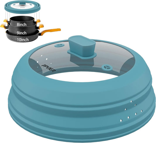 Microwave Splatter Cover, Vented Silicone and Glass Cover Splatter Guard Lid, Food Collapsible Plate Cover Lid with Easy Grip Handle. (Blue, 10.8 inch)