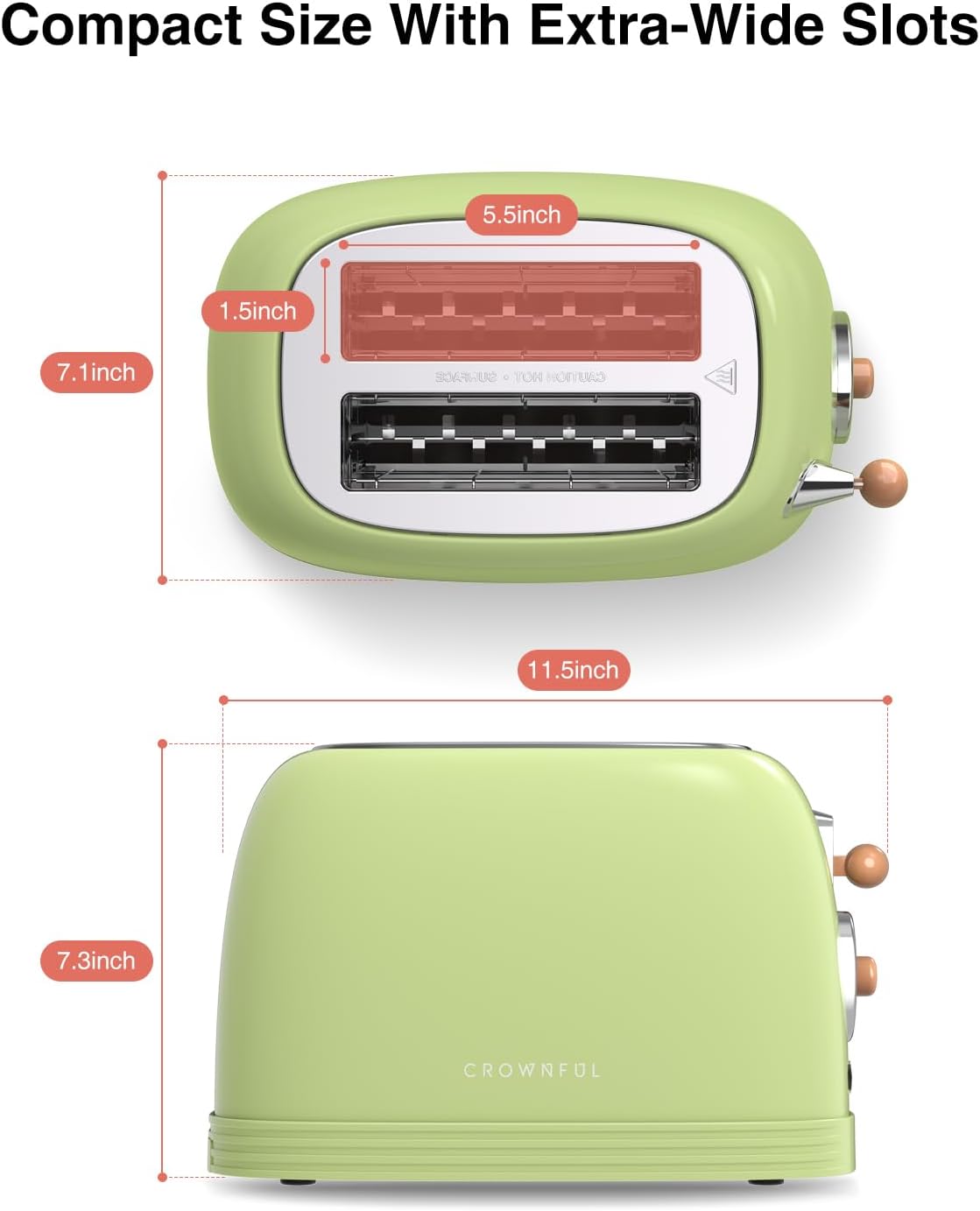 CROWNFUL 2-Slice Toaster, Extra Wide Slots Toaster, Retro Stainless Steel with Bagel, Cancel, Defrost, Reheat Function and 6-Shade Settings, Removal Crumb Tray, Green