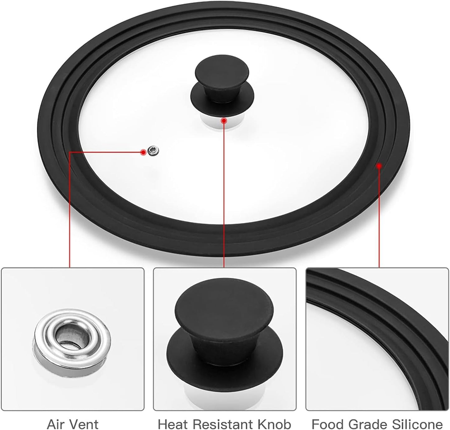 Universal Lid for Pots, Pans and Skillets, Tempered Glass Lid fit 7", 8", 9" & 10" 11" 12" Skillets, Pots, Frying Pans, Cast Iron, Crock Pot and Other Glass Covers Replacement