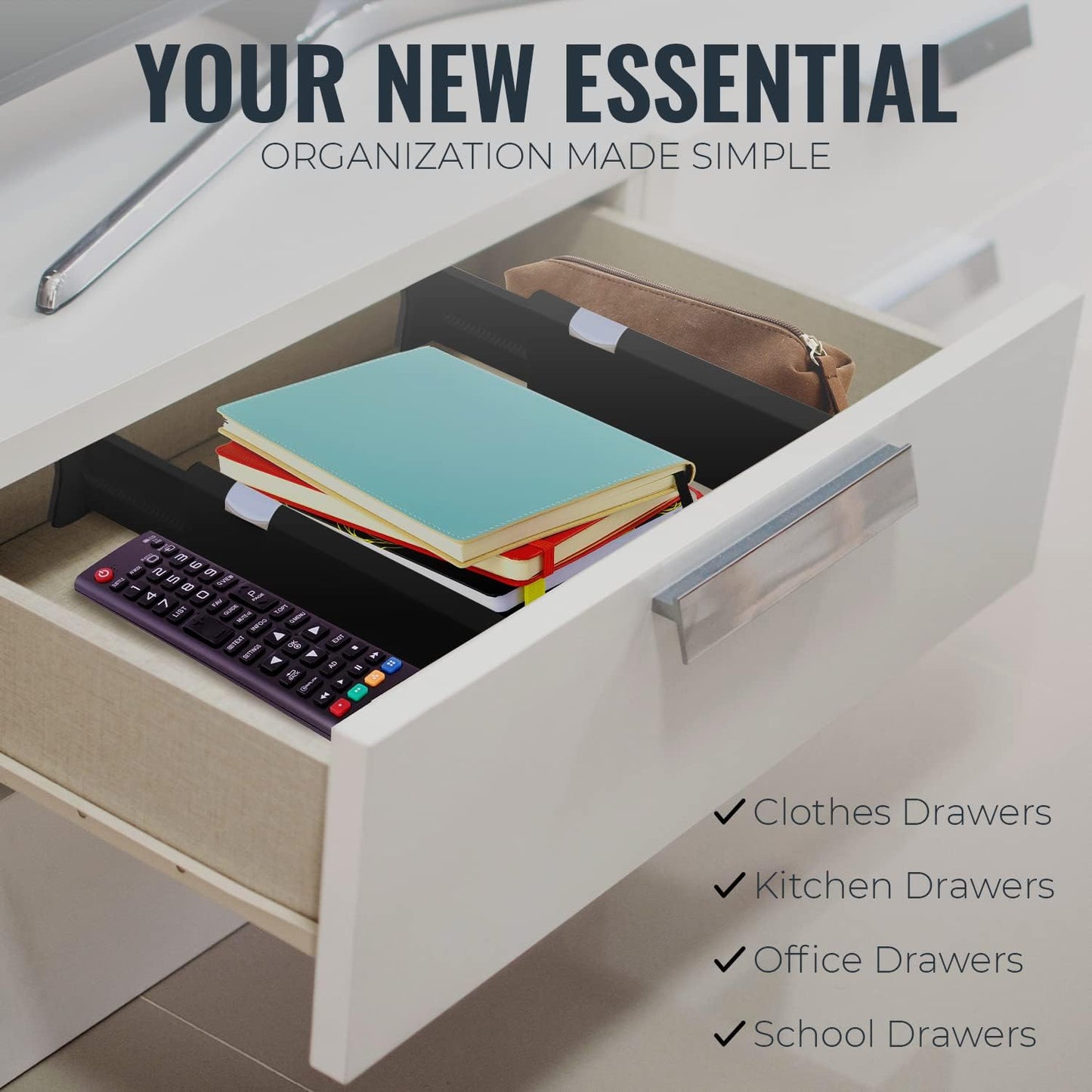 RAPTUROUS Adjustable Drawer Dividers 8 Pack, 2.5" High, 13-22" Long, Dresser Drawer Organizer for Bedroom, Closet, Kitchen, Nursery, Office, Strong Hold, Soft Foam Edges, Black