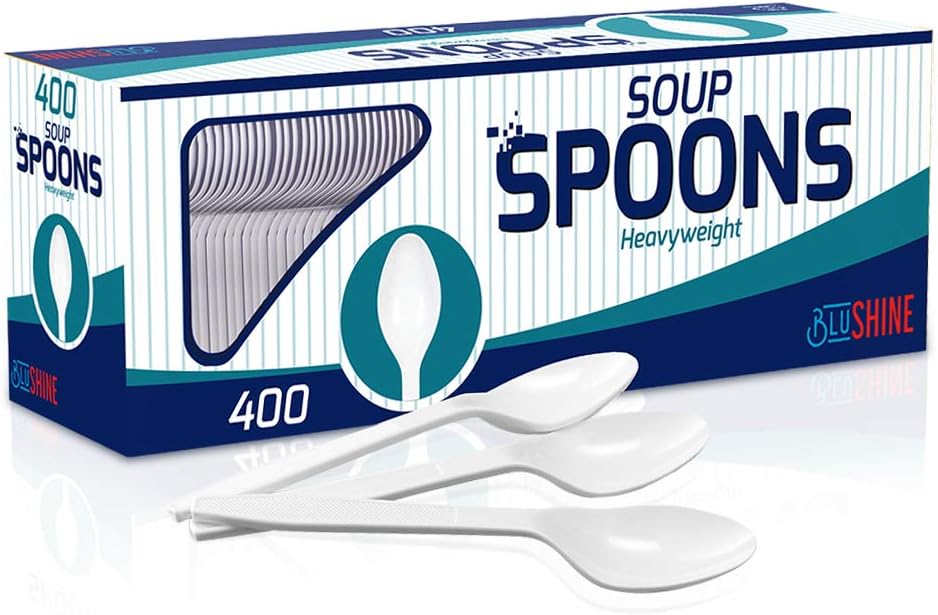400 pack Extra Heavyweight Disposable White Plastic Soup Spoons -Heavy Duty White Cutlery-Utensils, Parties, Dinners, Catering Services, Family Gatherings