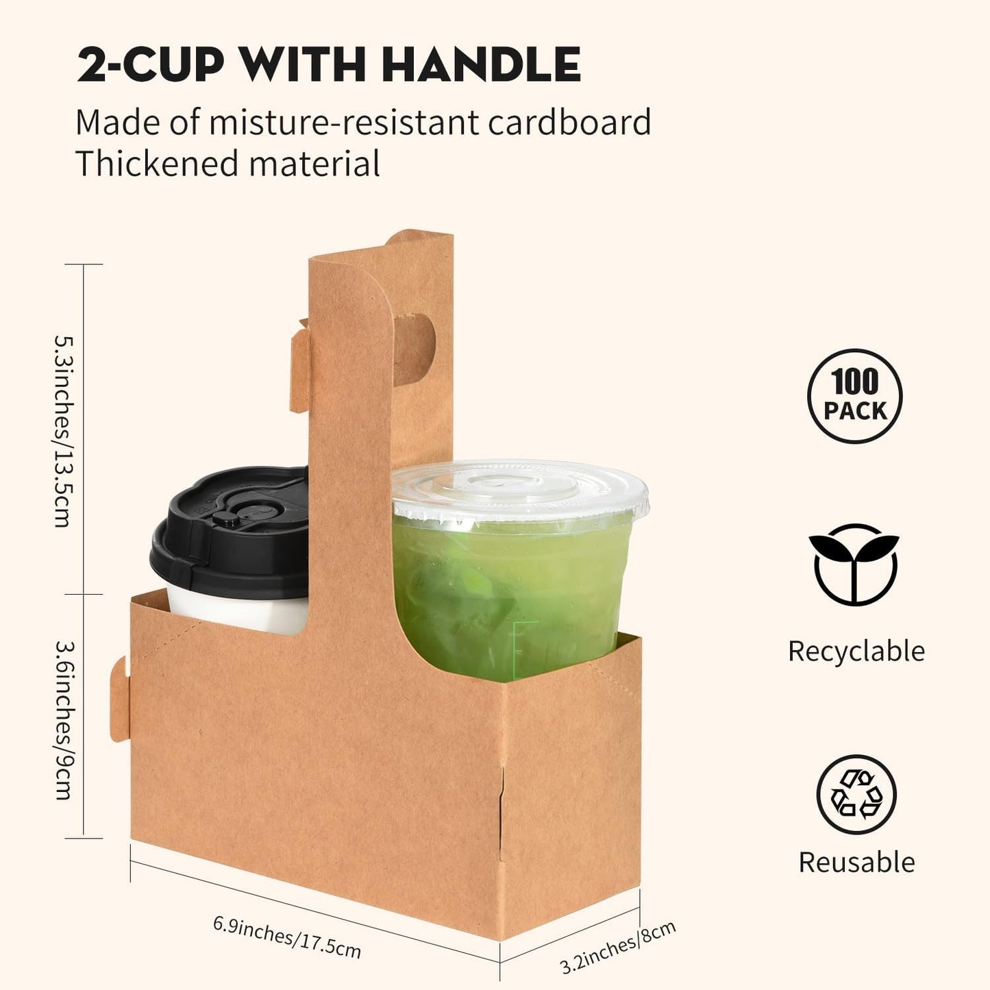 Lamido 100 Pack Disposable Kraft Drink Carrier with Handle, Assemblable Paper Cup Holder for 2 Cups or 4 Cups, Fit 8-32 oz Cups, to-Go Coffee Cup Holder for Food Delivery