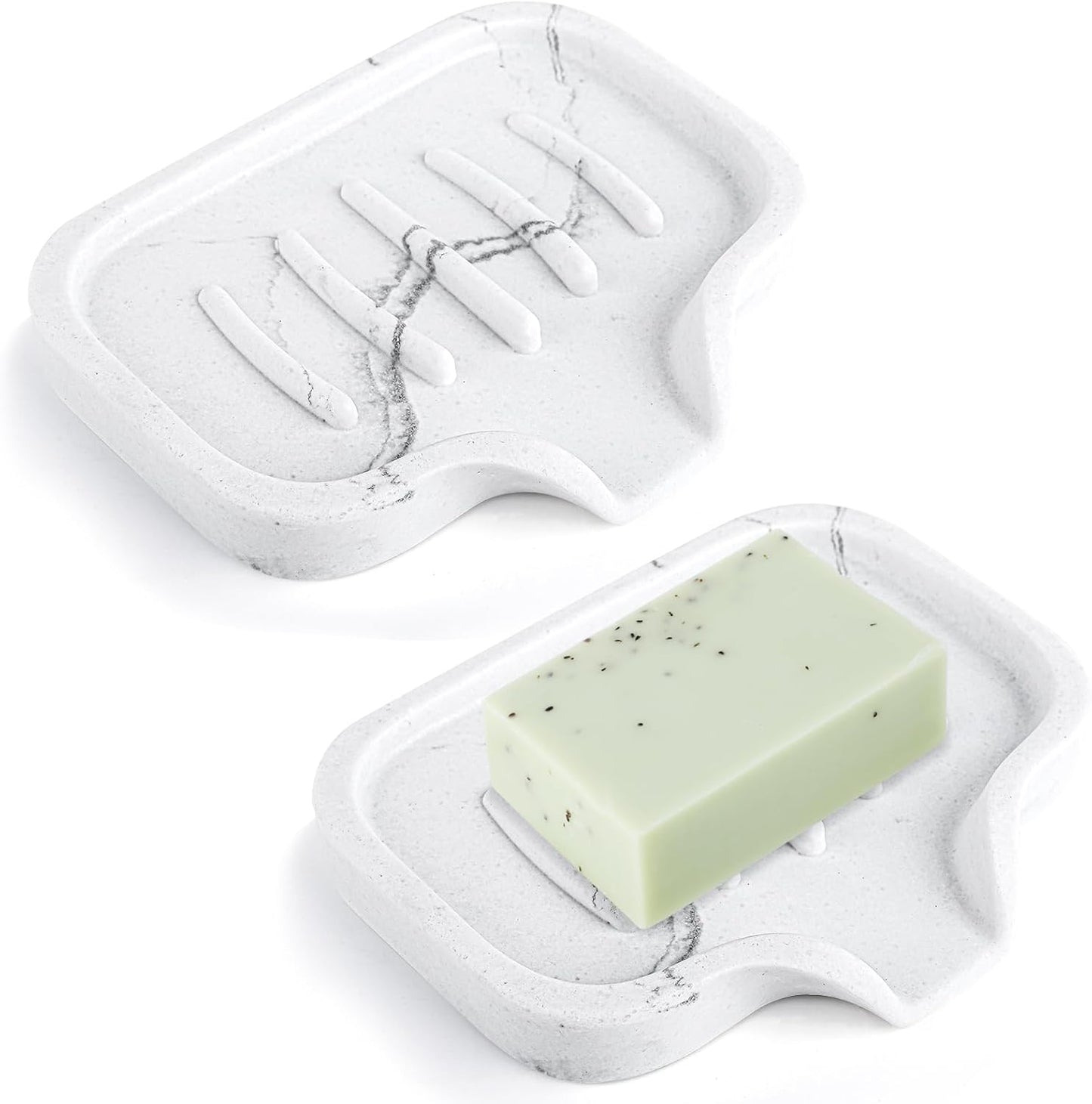 Self Draining Soap Dish- 2 Pcs Bar Soap Holder for Shower, Marble Look Large Soap Savers Soap Tray Sponge Holder for Kitchen Bathroom Bathtub Sink, White