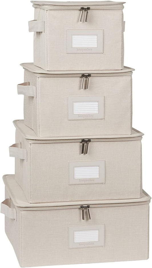 Covermates Keepsakes Dish Storage Box - Stackable, Reinforced Handles, China Storage, Beige Heather