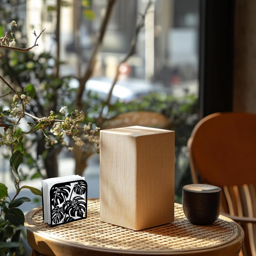 Monstera Leaf Decorative Black Metal Napkin Holder for Table, 4.9" x 4.9" x 1.9" Monstera Deliciosa Standing Napkin Holder for Home Kitchen Restaurant Picnic Party Coffee Bar Dining Room