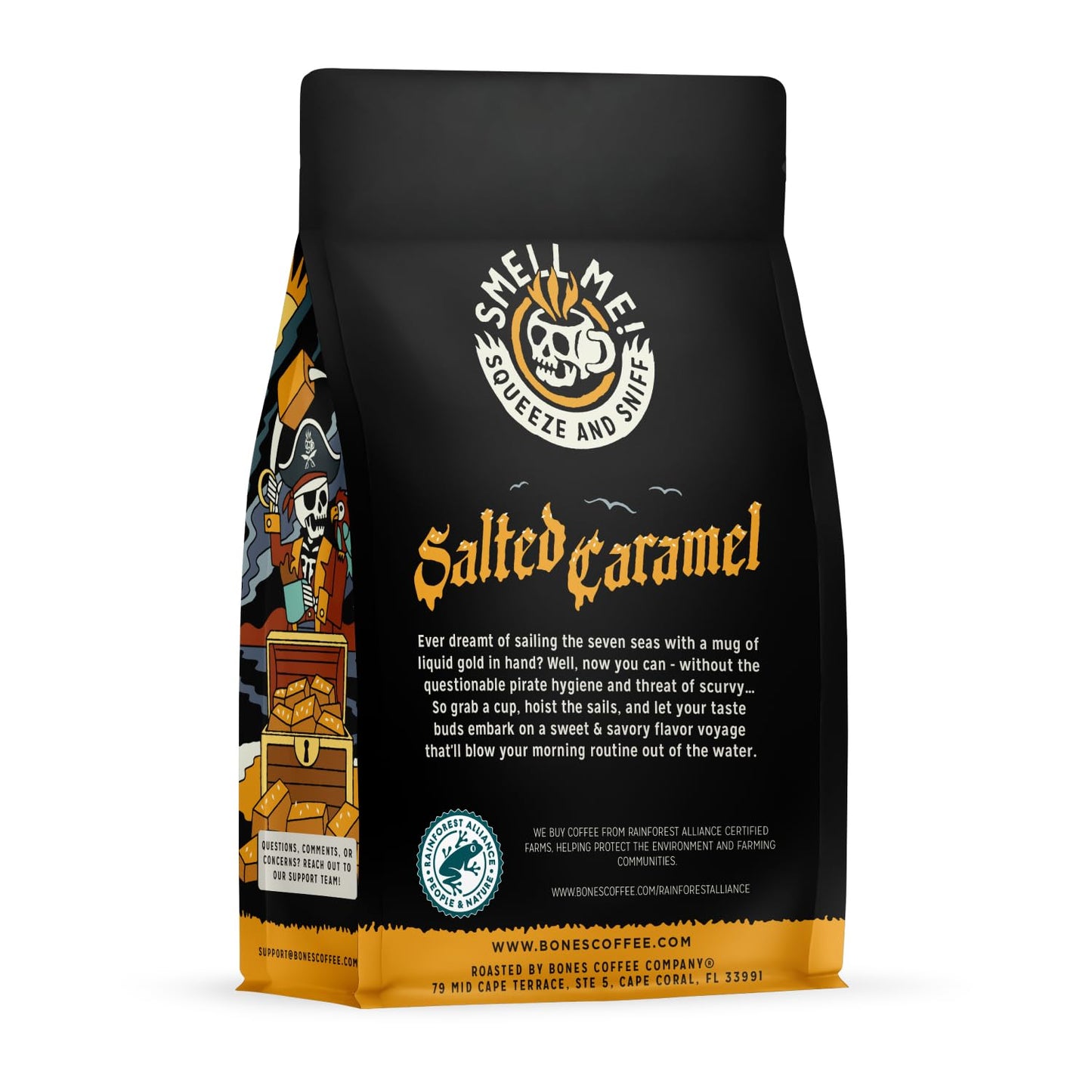 Bones Coffee Company Salted Caramel Flavored Coffee, Medium Roast Low Acid Arabica Beans Compatible with Auto drip and French Press Coffee Maker, 12 Oz Whole Bean