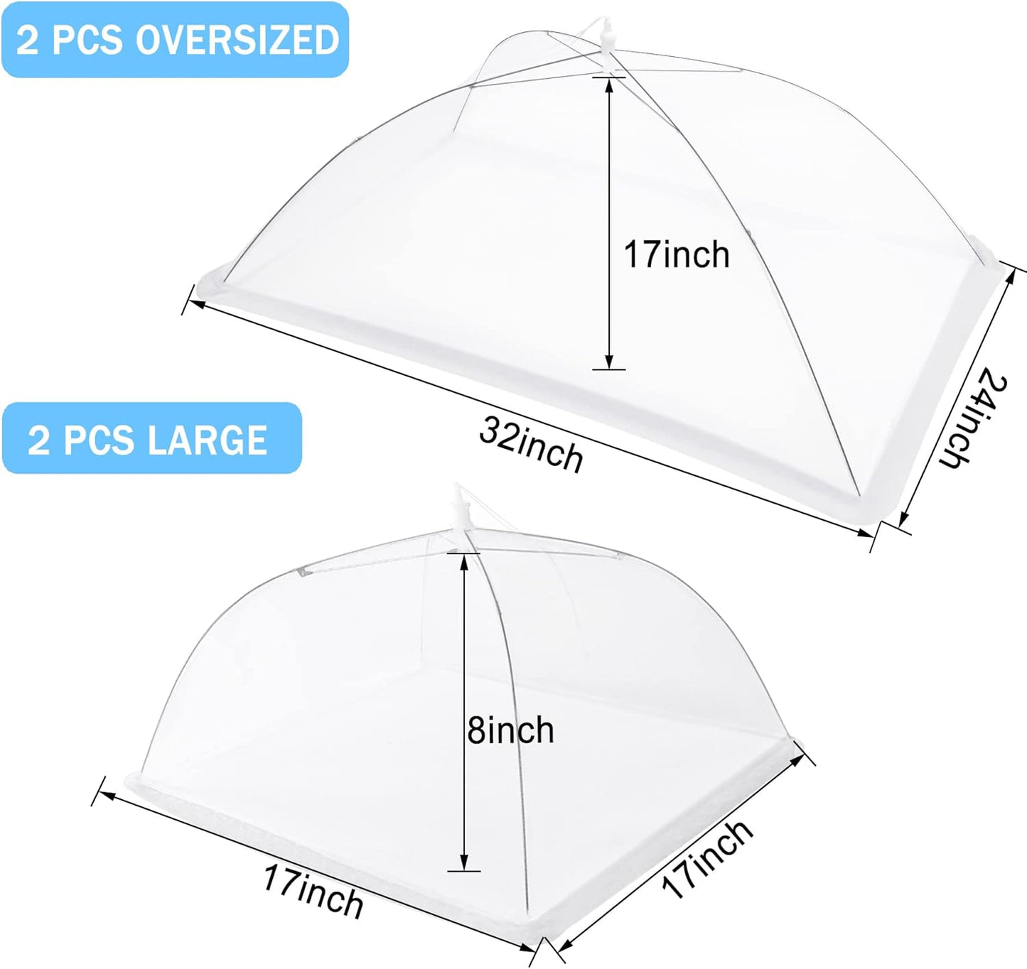 JULBEAR 4 Pcs Large and Tall Mesh Food Cover Tent Umbrella Food Screen Covers for Outside Pop-up Mesh Reusable Food Nets for Parties Picnics Outdoor BBQs Collapsible (2 Pcs 32"x24", 2 Pcs 17"x17")