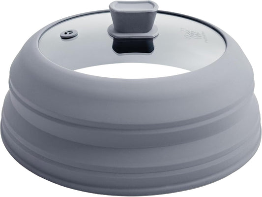 Microwave Splatter Cover for Food Collapsible Glass Microwave Cover Silicone Splatter Guard Dishwasher Safe Splatter Lid for Plates, Bowls, Pots & Stovetop Cooking 10.8" Gray