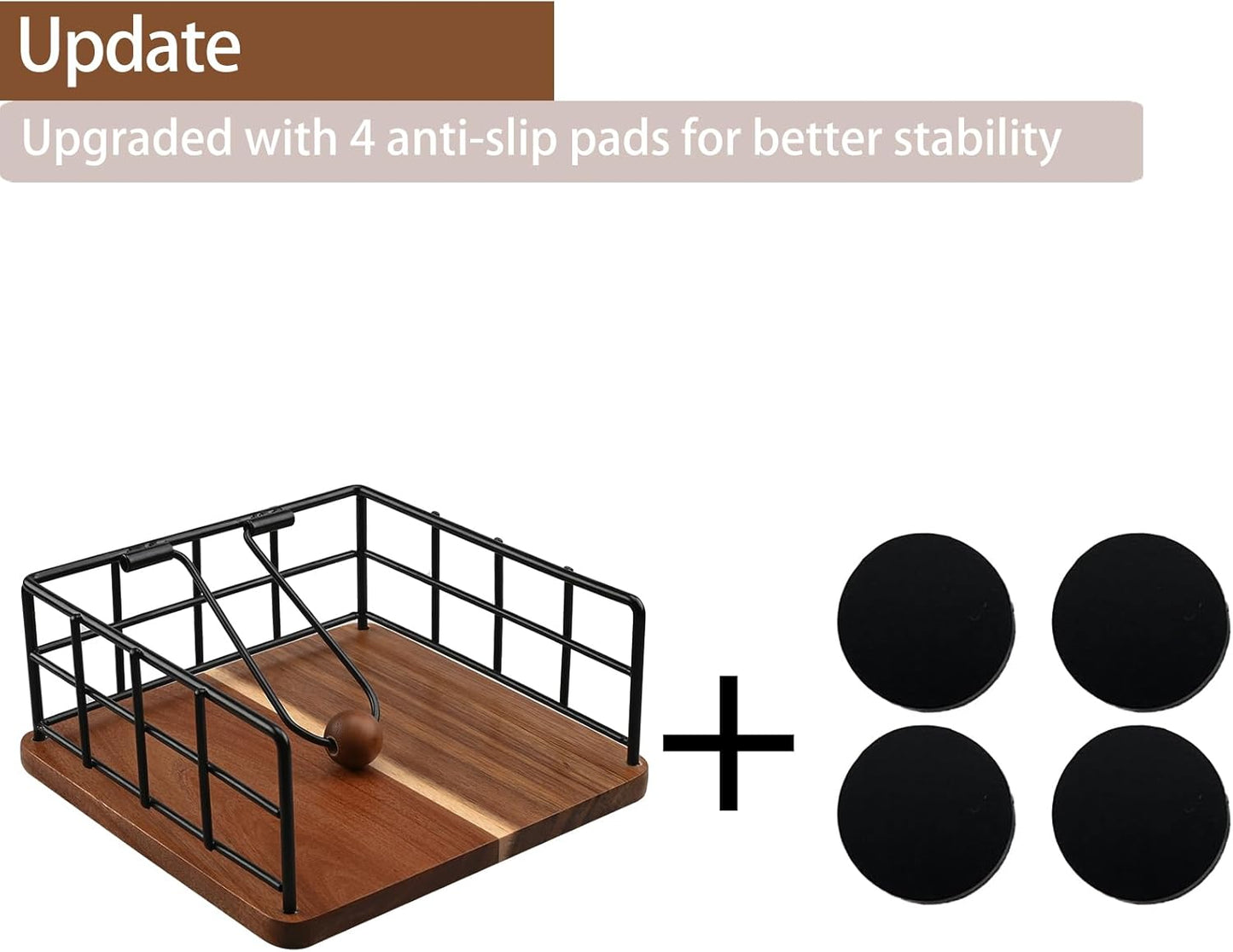 Flat Napkin Holder for Table, Acacia Napkins Holder with Weighted Arm, Rustic Metal Square Napkin Holder Organizer for Kitchen, Flat Napkin Dispenser for Countertop, Dining Room