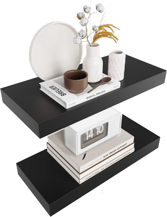 Colima Floating Shelves for Wall Black Wood Shelf for Bedroom, 15 Inch Wall Mounted for Bathroom Living Room Kitchen Office, 1.3" Thick Floating Book Shelves for Wall, Set of 2
