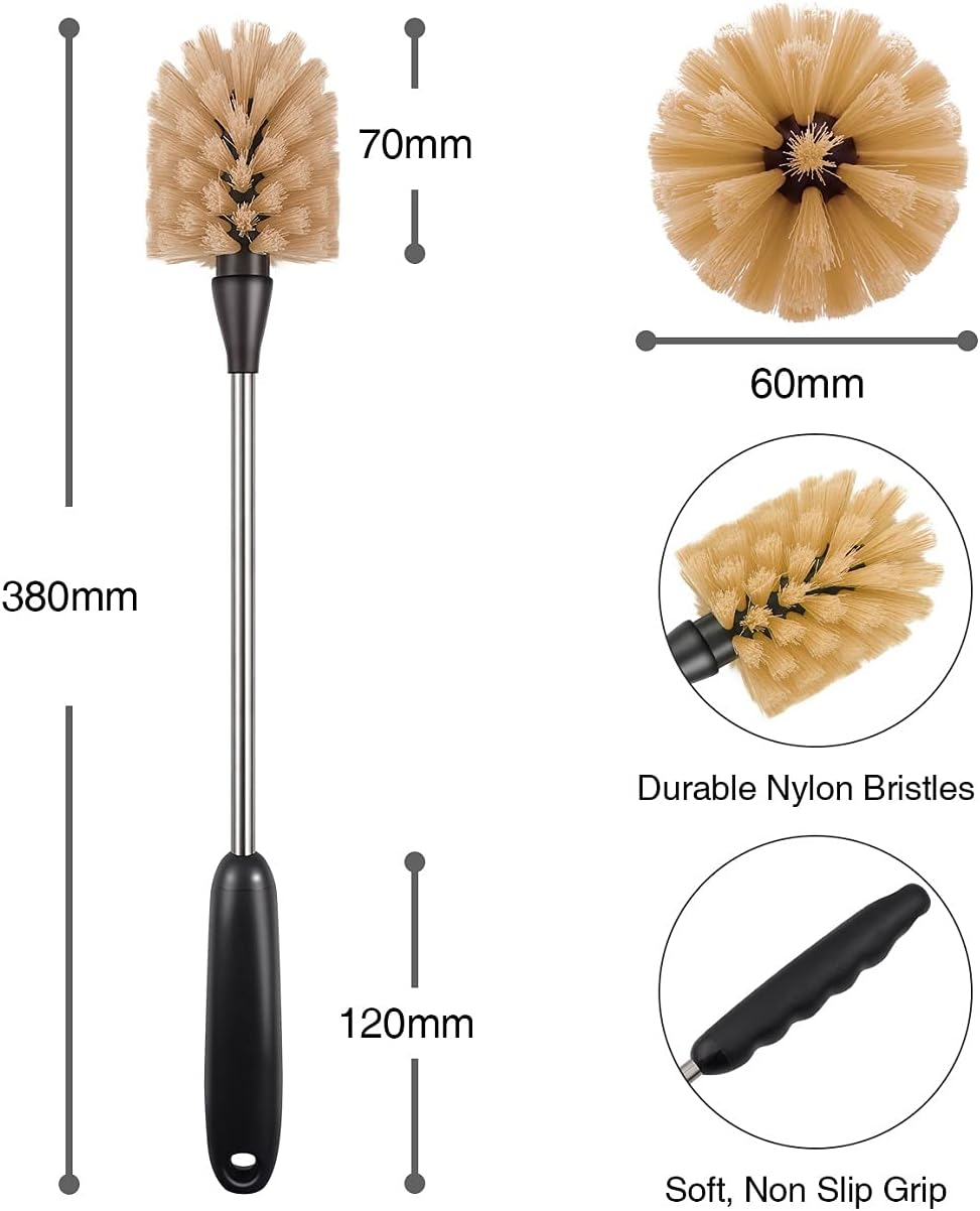 Stainless Steel Long Handle Water Bottle Brush, Flexible Scrubbing Brush for Cleaning Water Bottles, Baby Water Bottles, Glassware, Food Jars, Sports Jugs, Sobriety Jugs, 2 Pack, 15 in.