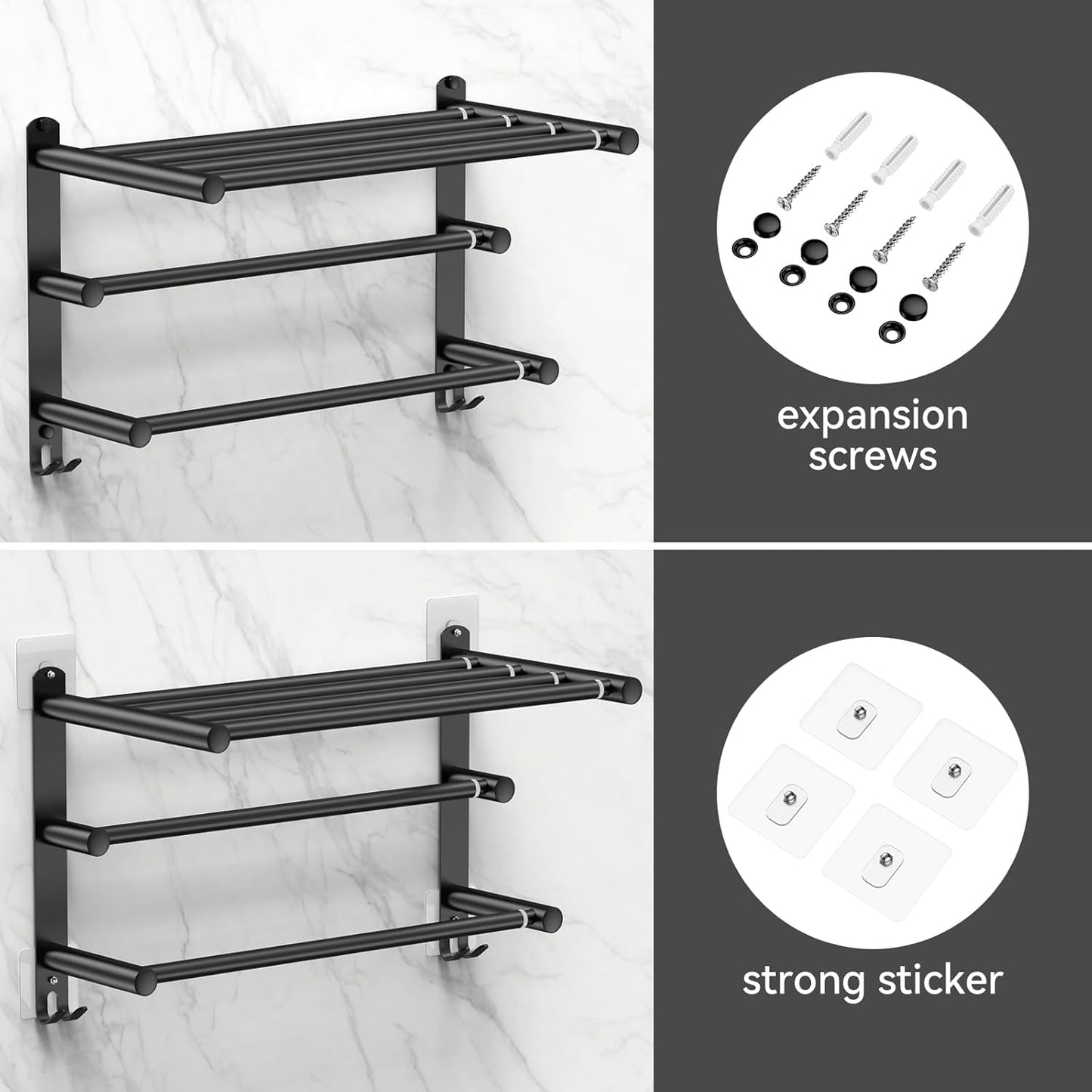 Adjustable Towel Bar for Bathroom Wall Mount17-30.7inch Adhesive Shower Towel Rack Stainless Steel Bath Towel Holders for Toilet Kitchen Double Towel Hanger (Black 3-Layer Towel Rack)