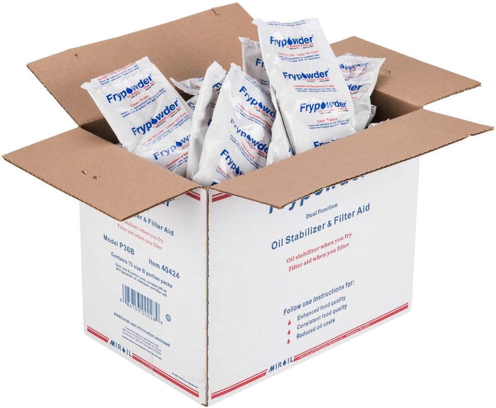 MirOil P36B Fry Powder Oil Stabilizer and Filter Aid, Deep Fryer Cooking Oil Saver Helps Save Grease & Remove Carbon Deposits, 72 x Size B Portion Pack(240ML Each) Fry Powder, Food Center Cooks Hotter