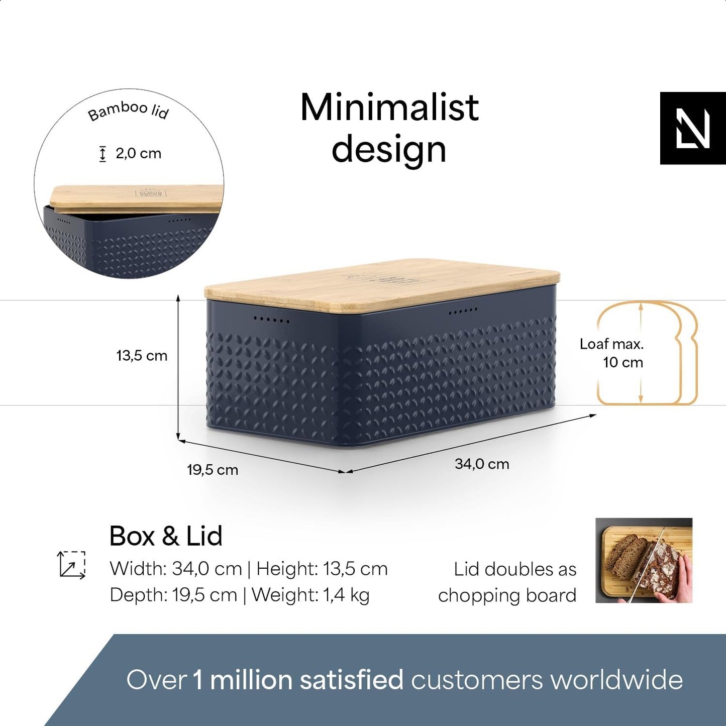 LARS NYSØM Bread Box I Metal Box with linen bag for long lasting freshness I Bread Bin with bamboo lid usable as cutting board I 13.4x7.3x5.3In (Midnight Blue)