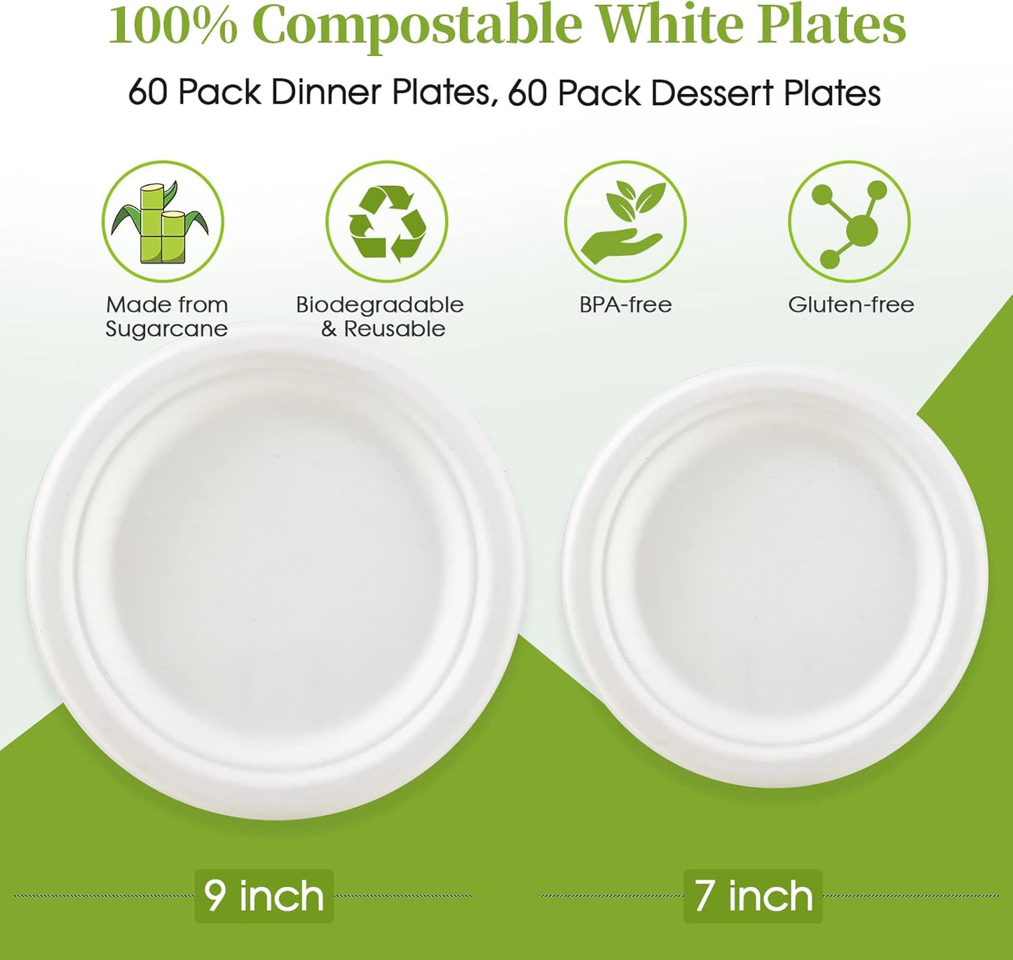 ECOLipak 120 Pack Compostable Paper Plates, 9 inch and 7 inch Heavy Duty Disposable Paper Plates, Eco friendly Sugarcane Biodegradable for Party Dinner Birthday