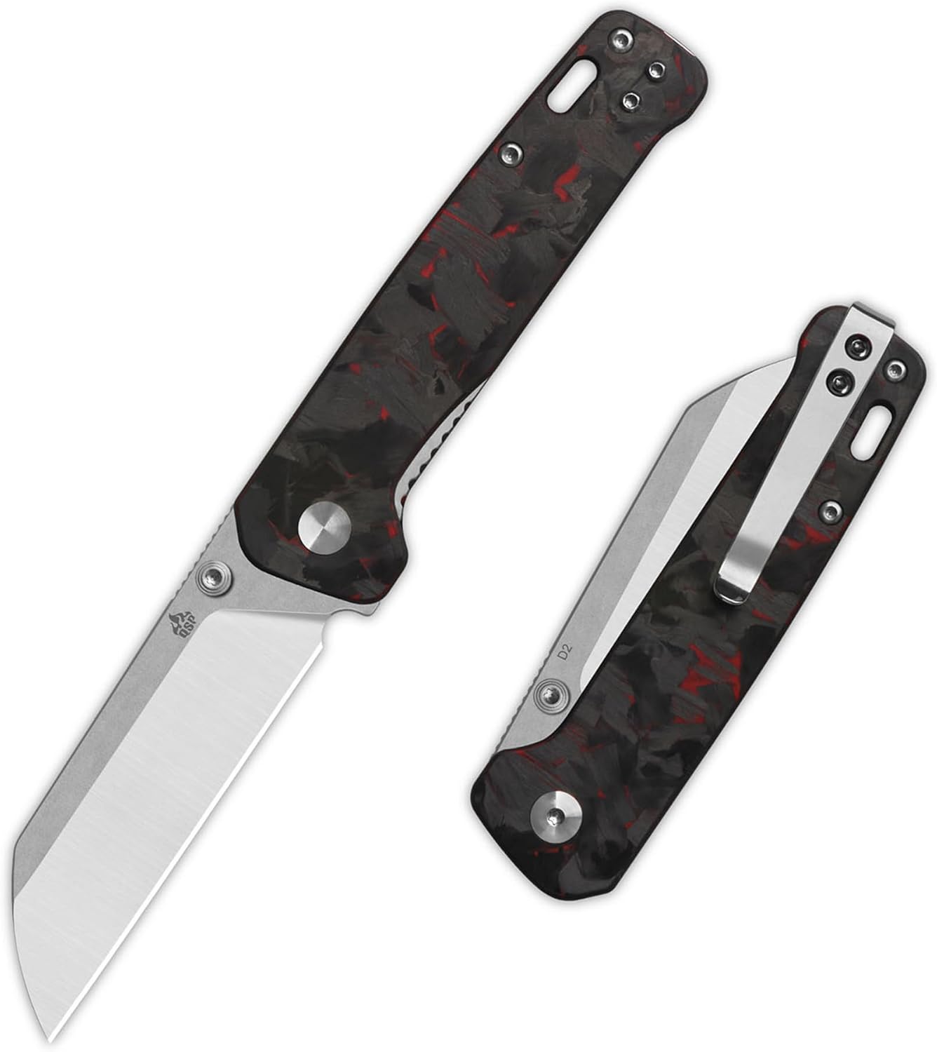 QSP Penguin V2 Folding Pocket Knife, 3.06" D2 Two Tone Finish Stonewash Satin Blade EDC Knife, Red Shredded CF Overlay G10 Handle, Liner Lock, Ceramic Ball Bearings, Reversible SS Deep Carry Clip