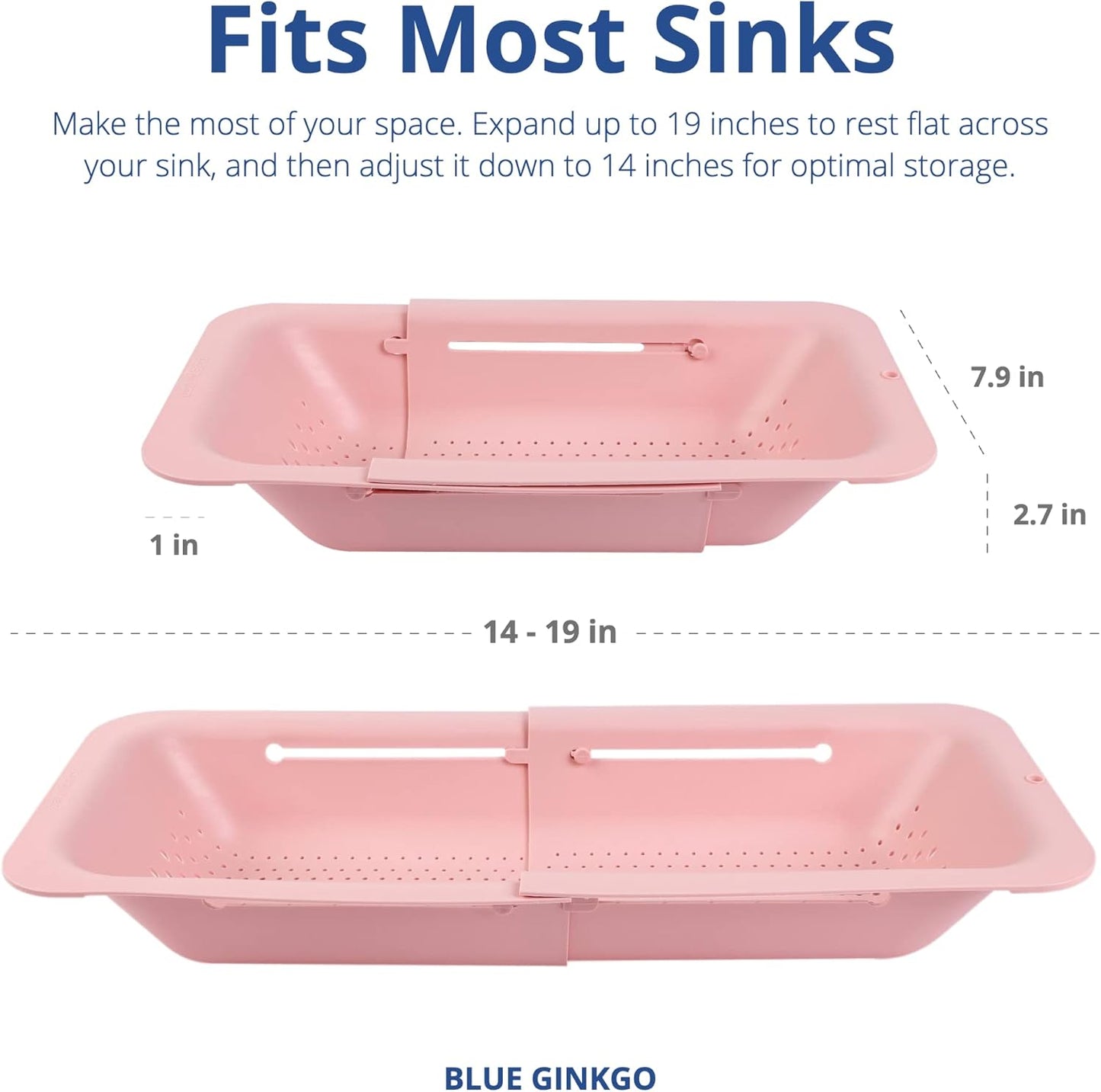 BLUE GINKGO Sink Colander Baskets - (Pack of 2) Wash Vegetables and Fruits, Drain Cooked Pasta and Dry Dishes - Extendable - New Home Kitchen Essentials (2 Pink)