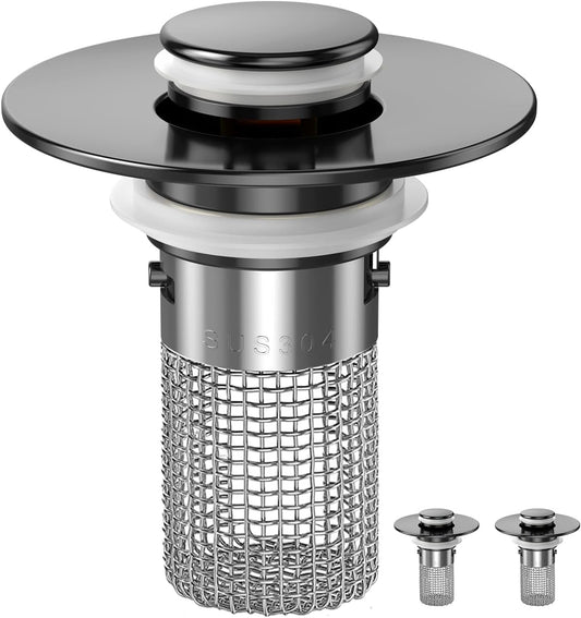 Sink Stopper Hair Catcher, Pop-up Sink Drain Strainer with Removable Stainless Steel Strainer Basket Hair Catcher, Bathroom Sink Strainer for Bathroom Sink Stopper Replacement (Matte Black)