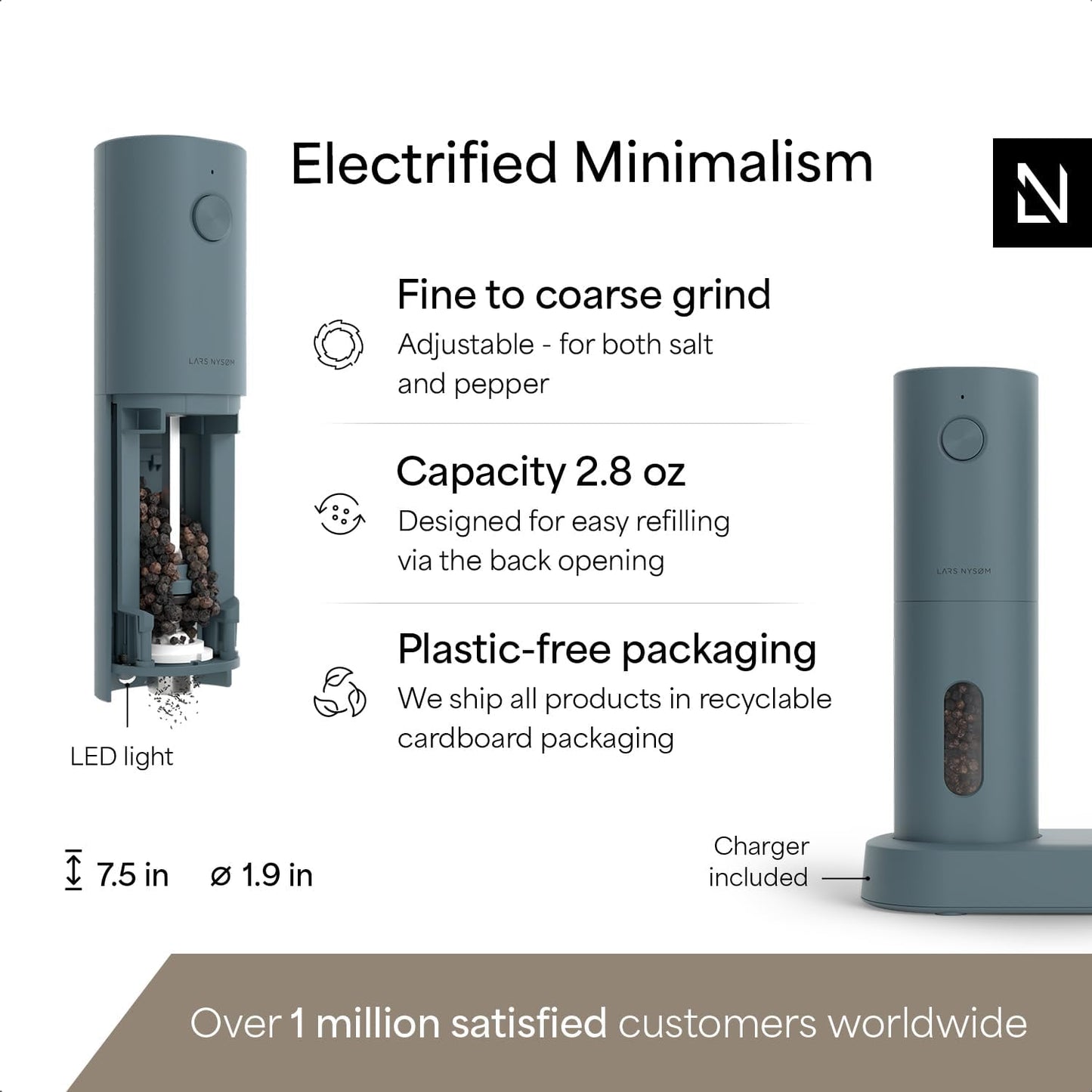 LARS NYSØM Electric Salt and Pepper Grinder Set, USB Rechargeable, Automatic Salt and Pepper Mills, Spice Shakers Refillable with LED Light, Adjustable Coarseness, Ceramic Grinder (Stone Blue)