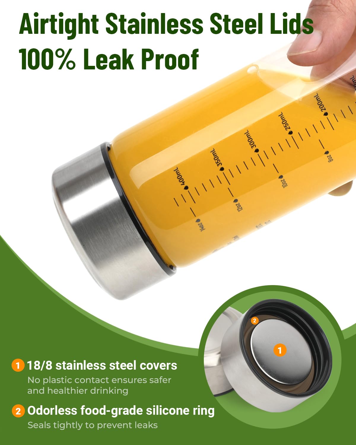 Zukro 12 oz Borosilicate Glass Water Bottles with Stainless Steel Lids and Measurement| Reusable Leakproof Drinking Bottles for Juicing, Smoothie, Protein| 4 Pack Wide Mouth BPA-Free Juice Container