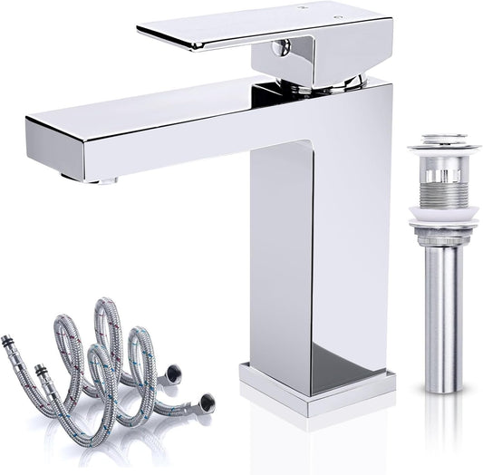 Solid Brass Chrome Bathroom Faucet, Bathroom Sink Faucet for 1 Hole,CEC & cUPC Certified Lead-Free Single Handle Vanity Faucet with Two Flexible Hoses(Hot and Cold) & Pop Up Drain Stopper