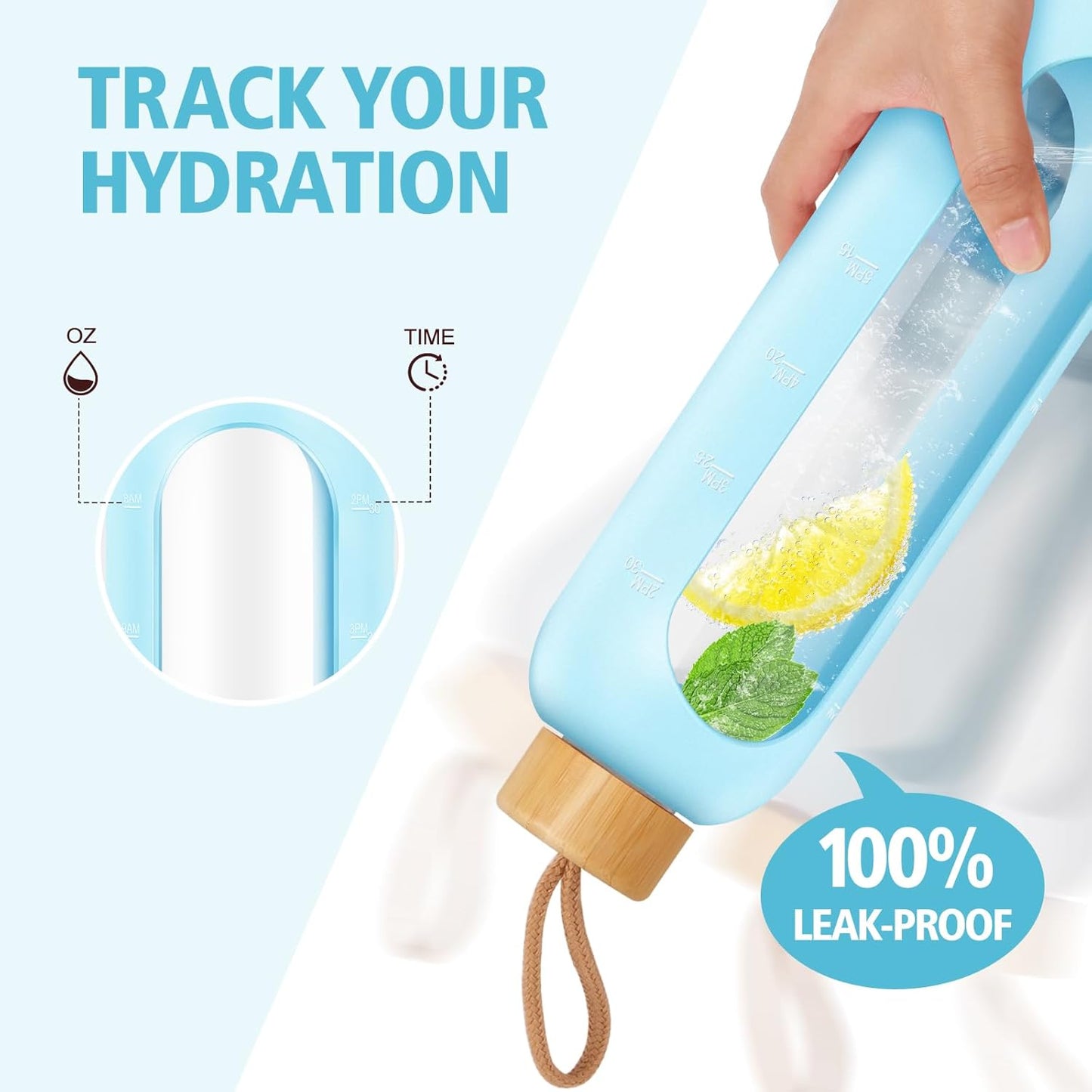 Glass Water Bottles 32 oz - Motivational Drinking Glass Water Bottle with Silicone Sleeve, Straw & 2 Bamboo Lids - 1 Liter Clear Borosilicate Daily Intake Tumbler with Time Marker - Glow in Dark