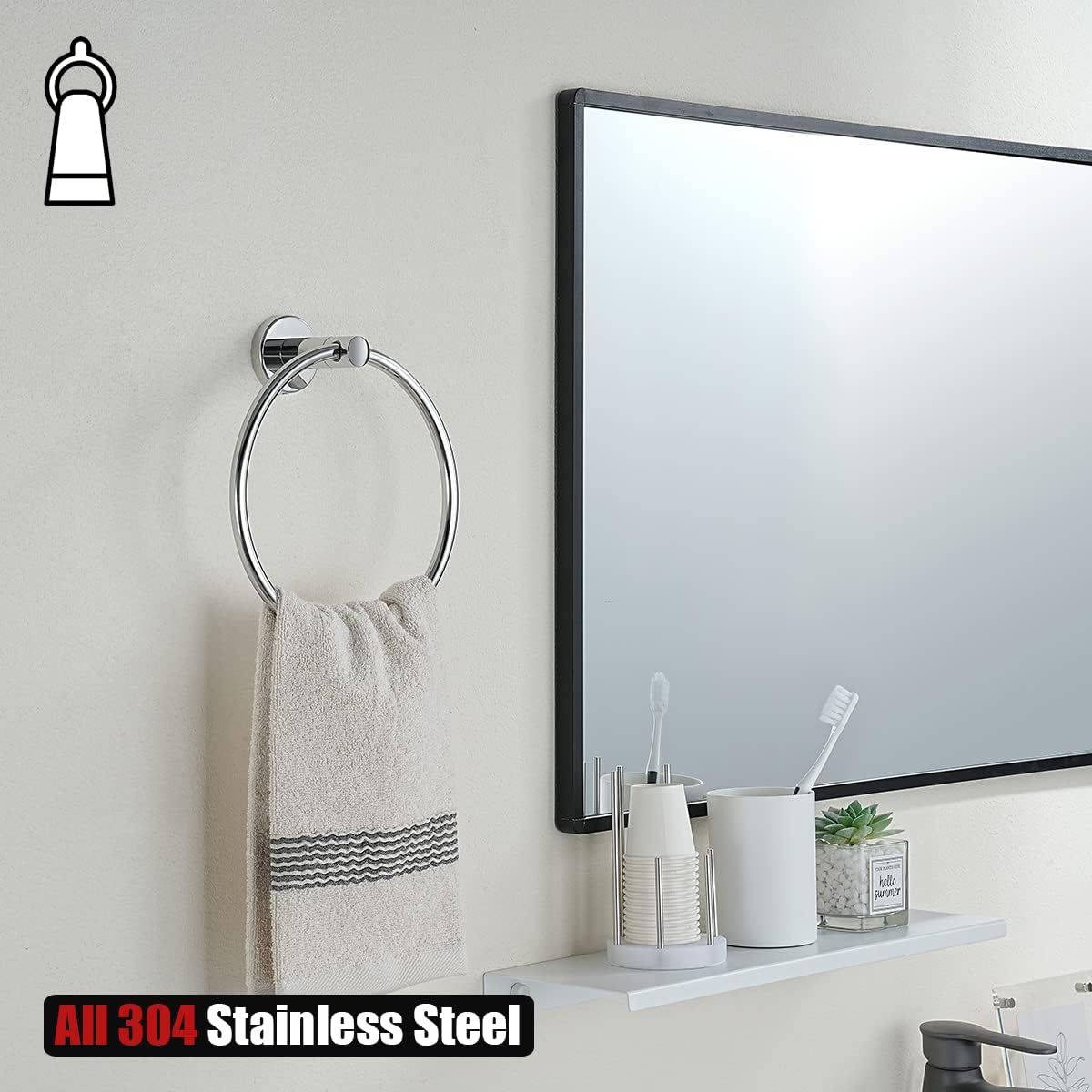 JQK Chrome Towel Ring, 304 Stainless Steel Hand Towel Holder for Bathroom, Polished Finish Wall Mount, TR130-CH