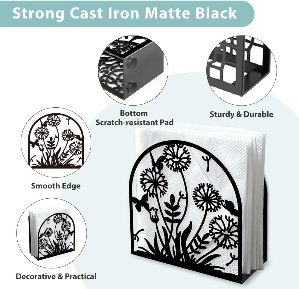 Dandelion Decorative Black Metal Napkin Holder for Table, 5.3" x 4.9" x 1.9" Grass Flower Standing Napkin Holder for Home Kitchen Restaurant Picnic Party Coffee Bar Dining Room