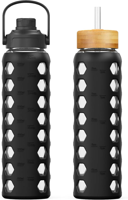 MUKOKO 32oz Glass Water Bottles with 2 Lids-Handle Spout Lid&Bamboo Straw Lid, Motivational Water Tumbler with Time Marker Reminder and Silicone Sleeve, Leakproof-Black-1 Pack