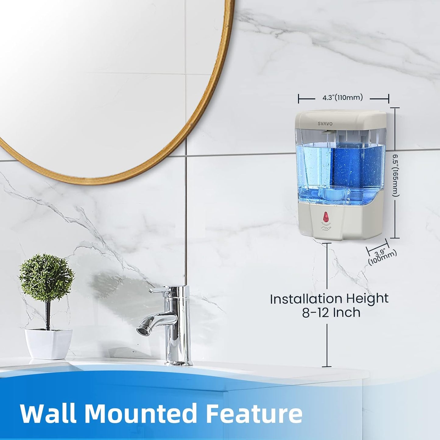 SVAVO Automatic Hand Soap Dispenser, 21 fl.oz/600ml Touchless Soap Dispenser Wall Mounted, Touch-Free Liquid soap Dispenser Sensor Soap Dispenser for Kitchen Hotel Restaurant Bathroom