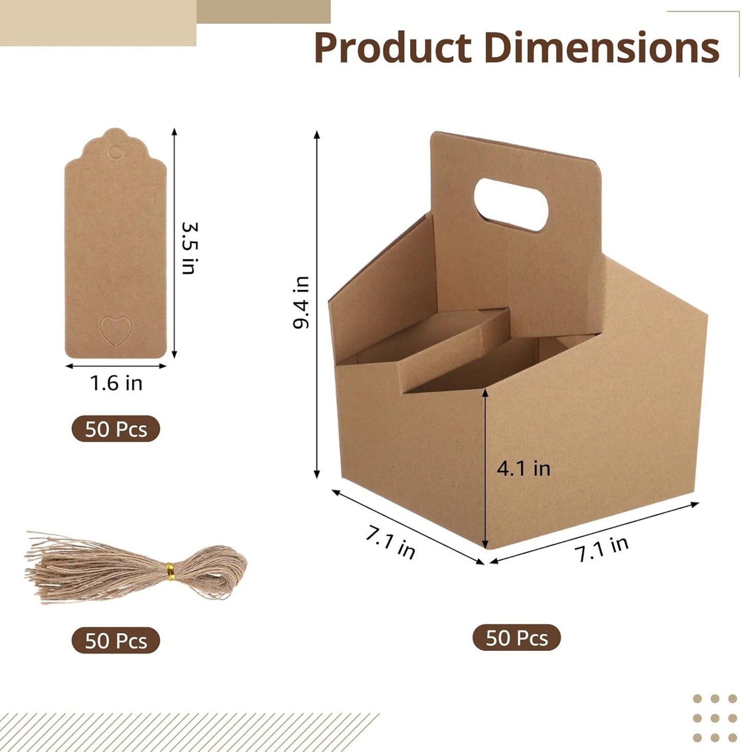 50 Sets Drink Carriers with Handles, 4-Cup Disposable Cup Holder Cardboard, Coffee Cup Holders with Cards & Ropes, Takeout Beverage Holders, Serve Cold & Hot Drinks