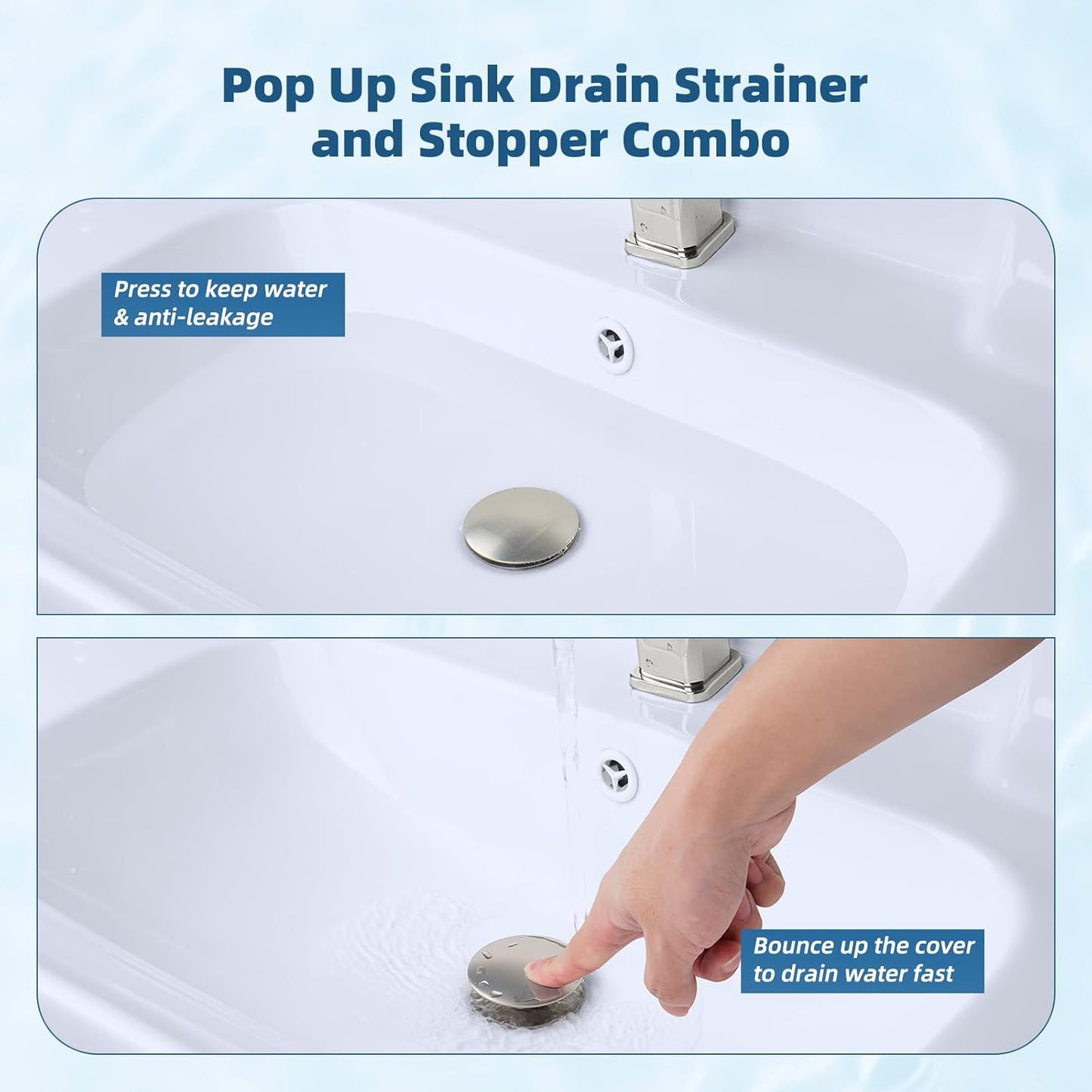 Hibbent Upgraded 3 in 1 Bathroom Sink Drain Strainer, Pop Up Sink Stopper with Big Push Cap, Anti-Clogging Metal Filter Basket,Sink Plug with Hair Catcher for 1.1''~2.36'' Basin, Brushed Nickel